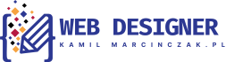 Logo Kamil Marcinczak z napisem Web Designer, kolorowe kształty graficzne w tle.