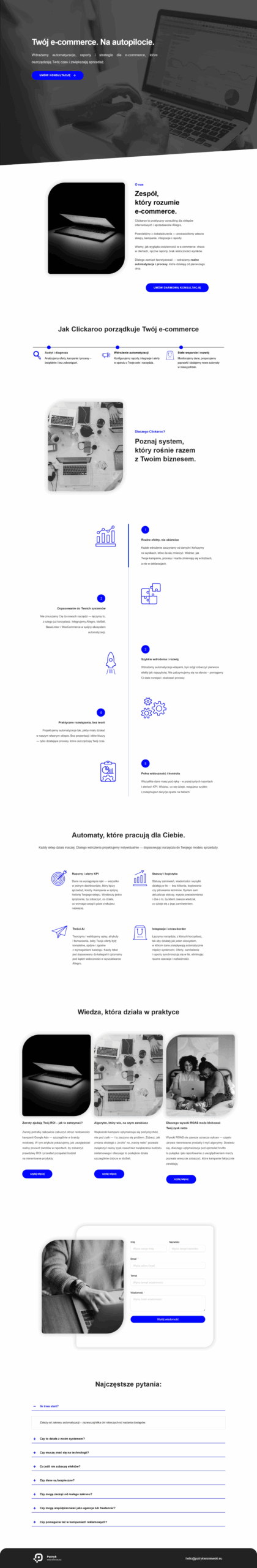 Interfejs użytkownika aplikacji Clickaroo z elementami e-commerce i automatyzacji.